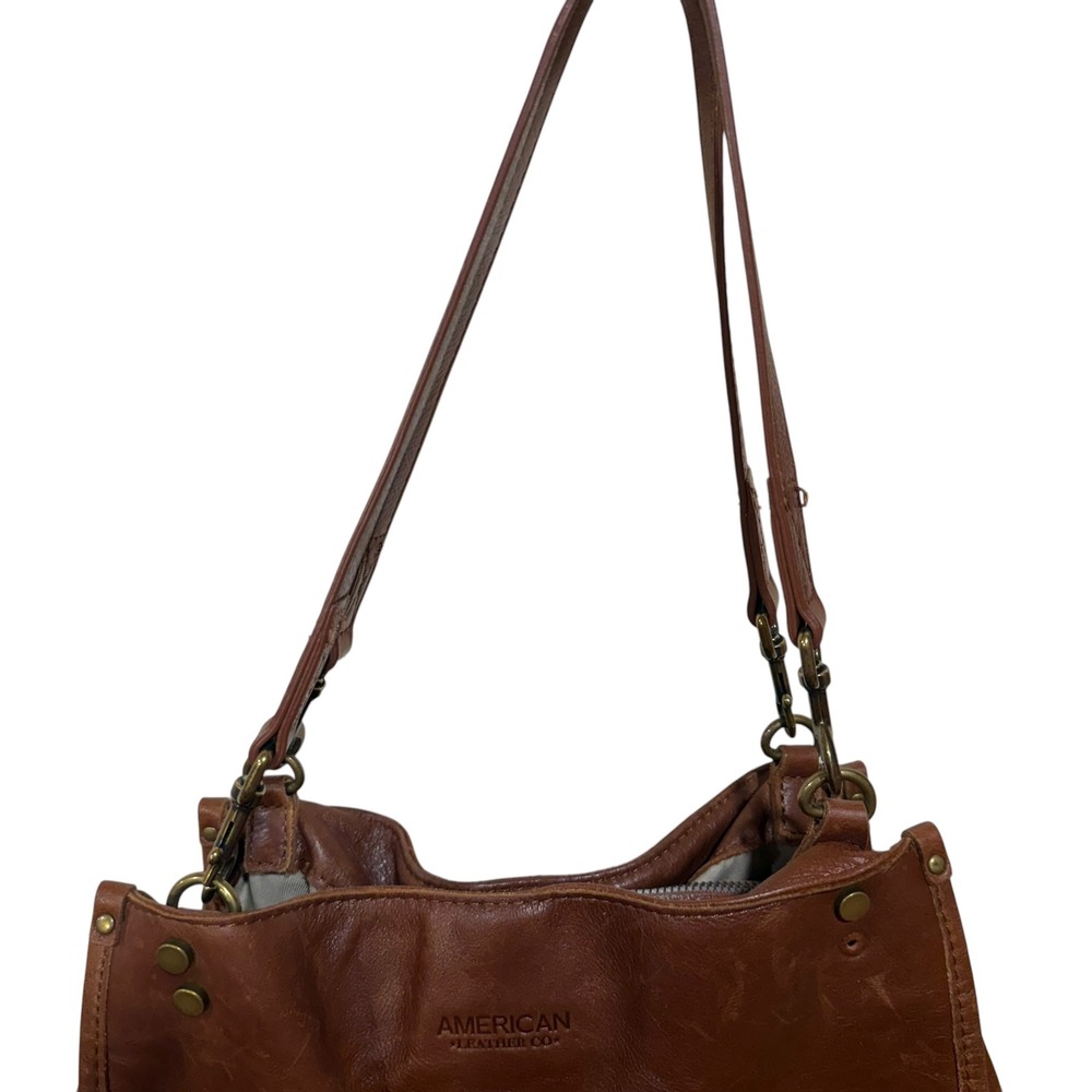 American Leather Co Brown Genuine Leather Shoulder Bag Satchel Handbag Brass - Picture 5 of 12
